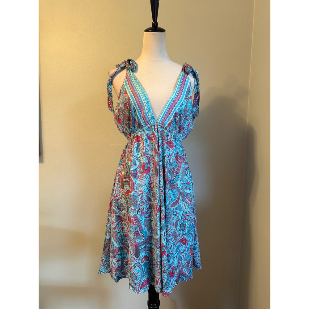IndiaBoutique Sari Short Dress Coverup Paisley Turquoise Red OneSize boho resort